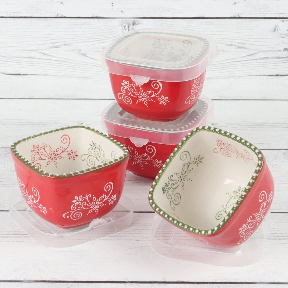 Temp-Tations Square Ramekin & Plastic Lid Floral Lace-Festive - Set of Four